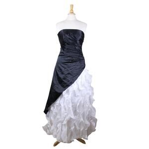Vintage Y2K strapless black white ruffle prom long cocktail ballgown sz S 5/6